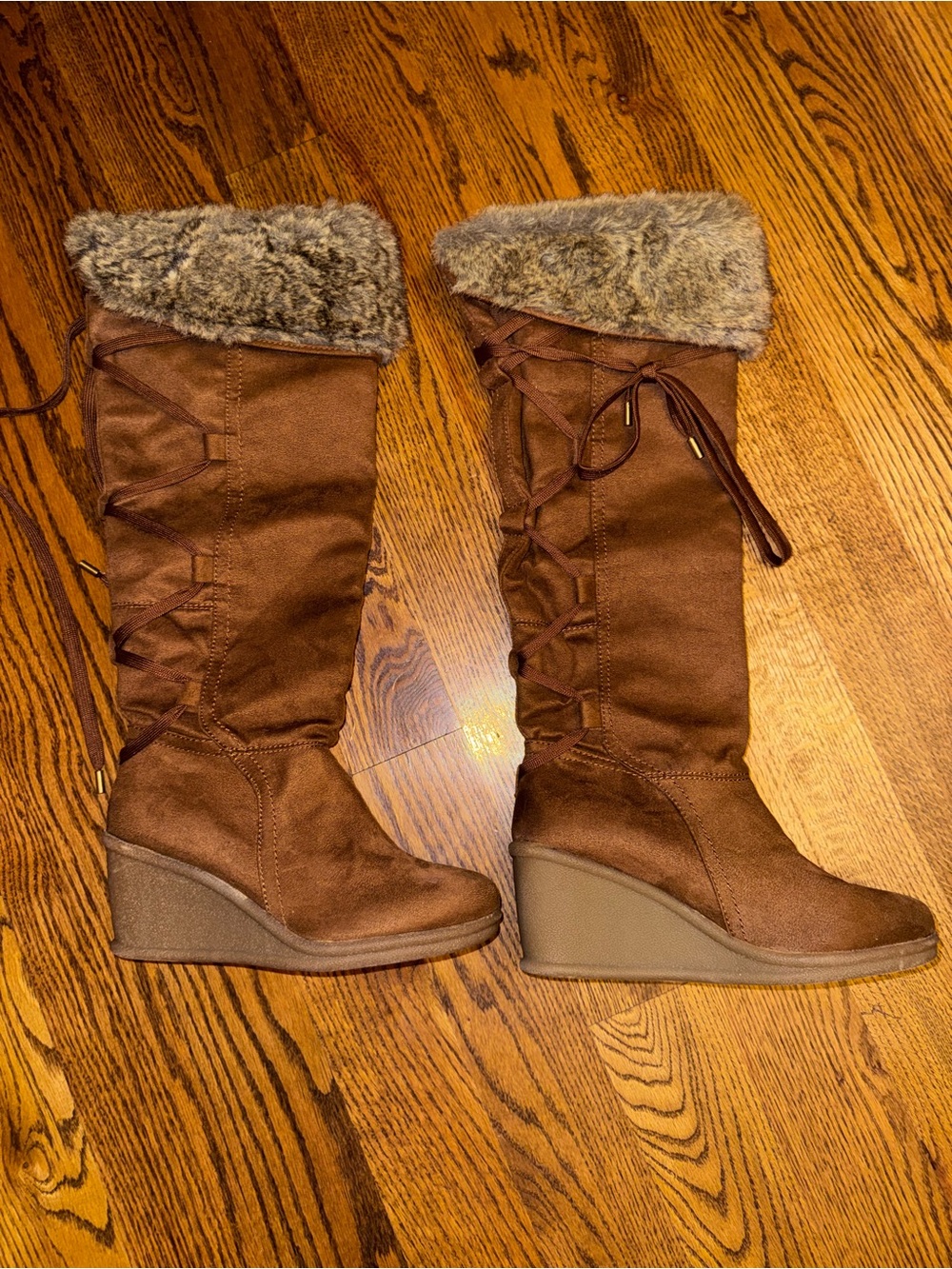 Brown Faux-Suede Wedge Knee Boots with Faux-Fur Cuff